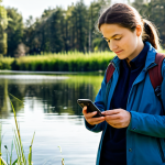 A professional citizen scientist, fully clothed in modest outdoor attire, stands by a tranquil lakeside in a sunlit natural park. They hold a smartphone, carefully recording observations of water levels and plant health, contributing to climate data. The scene emphasizes engagement and environmental stewardship. The background subtly hints at seasonal changes, fostering a sense of awareness. Professional photography, high-resolution, sharp focus, natural colors. Safe for work, appropriate content, fully clothed, professional dress, perfect anatomy, correct proportions, natural pose, well-formed hands, proper finger count, natural body proportions, family-friendly.