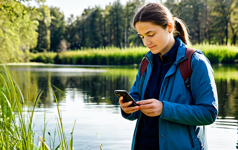 A professional citizen scientist, fully clothed in modest outdoor attire, stands by a tranquil lakeside in a sunlit natural park. They hold a smartphone, carefully recording observations of water levels and plant health, contributing to climate data. The scene emphasizes engagement and environmental stewardship. The background subtly hints at seasonal changes, fostering a sense of awareness. Professional photography, high-resolution, sharp focus, natural colors. Safe for work, appropriate content, fully clothed, professional dress, perfect anatomy, correct proportions, natural pose, well-formed hands, proper finger count, natural body proportions, family-friendly.