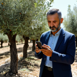 A professional Turkish citizen, fully clothed in appropriate, modest business-casual attire, standing in a sun-drenched olive grove in Turkey's Aegean region. They are holding a modern smartphone, thoughtfully documenting environmental observations related to climate change, representing local contributions to global data. The scene emphasizes engagement and technology in environmental monitoring. Perfect anatomy, correct proportions, natural pose, well-formed hands, proper finger count, natural body proportions. Safe for work, appropriate content, fully clothed, professional.