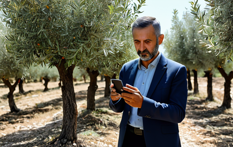 A professional Turkish citizen, fully clothed in appropriate, modest business-casual attire, standing in a sun-drenched olive grove in Turkey's Aegean region. They are holding a modern smartphone, thoughtfully documenting environmental observations related to climate change, representing local contributions to global data. The scene emphasizes engagement and technology in environmental monitoring. Perfect anatomy, correct proportions, natural pose, well-formed hands, proper finger count, natural body proportions. Safe for work, appropriate content, fully clothed, professional.